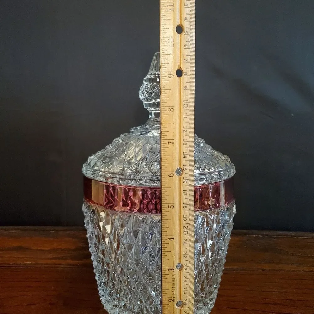 Vintage Diamond Point Clear with Ruby Rim Band Ice Bucket Indiana Glass